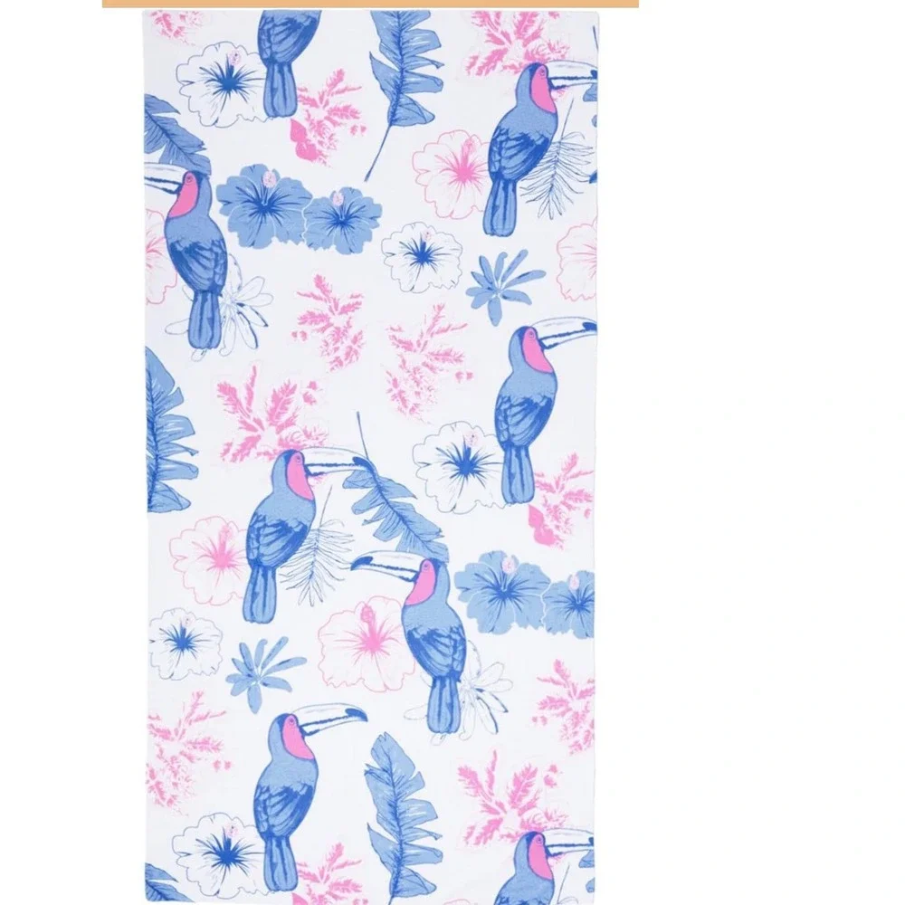 Tipsy Elves Toucan Tango Beach Towel Blue Pink White Tropical Floral 30x60  NEW